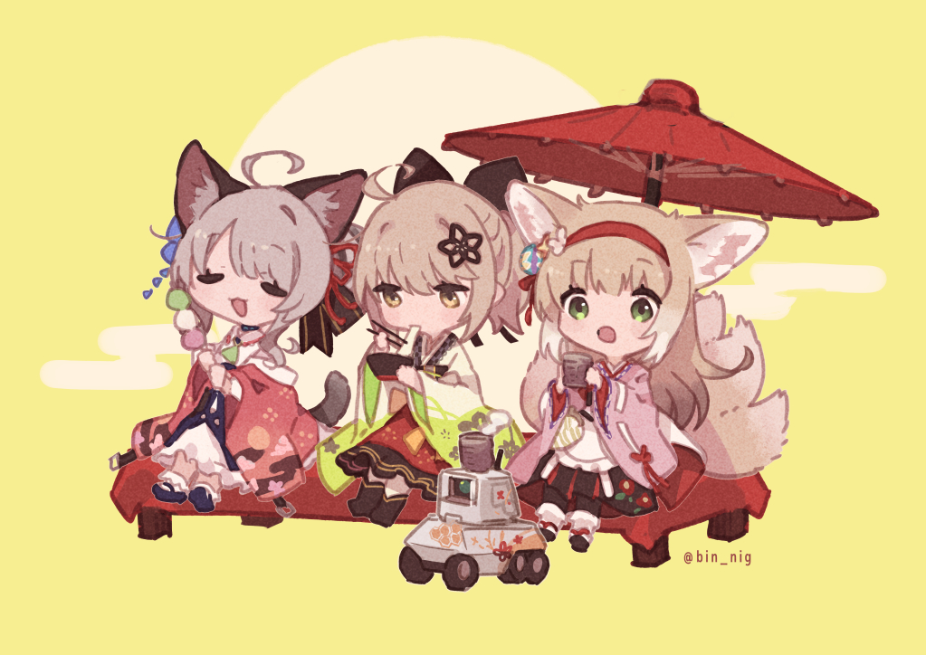 3girls, animal_ears, arknights, artist_name, blonde_hair, cat_ears, cat_girl, cat_tail