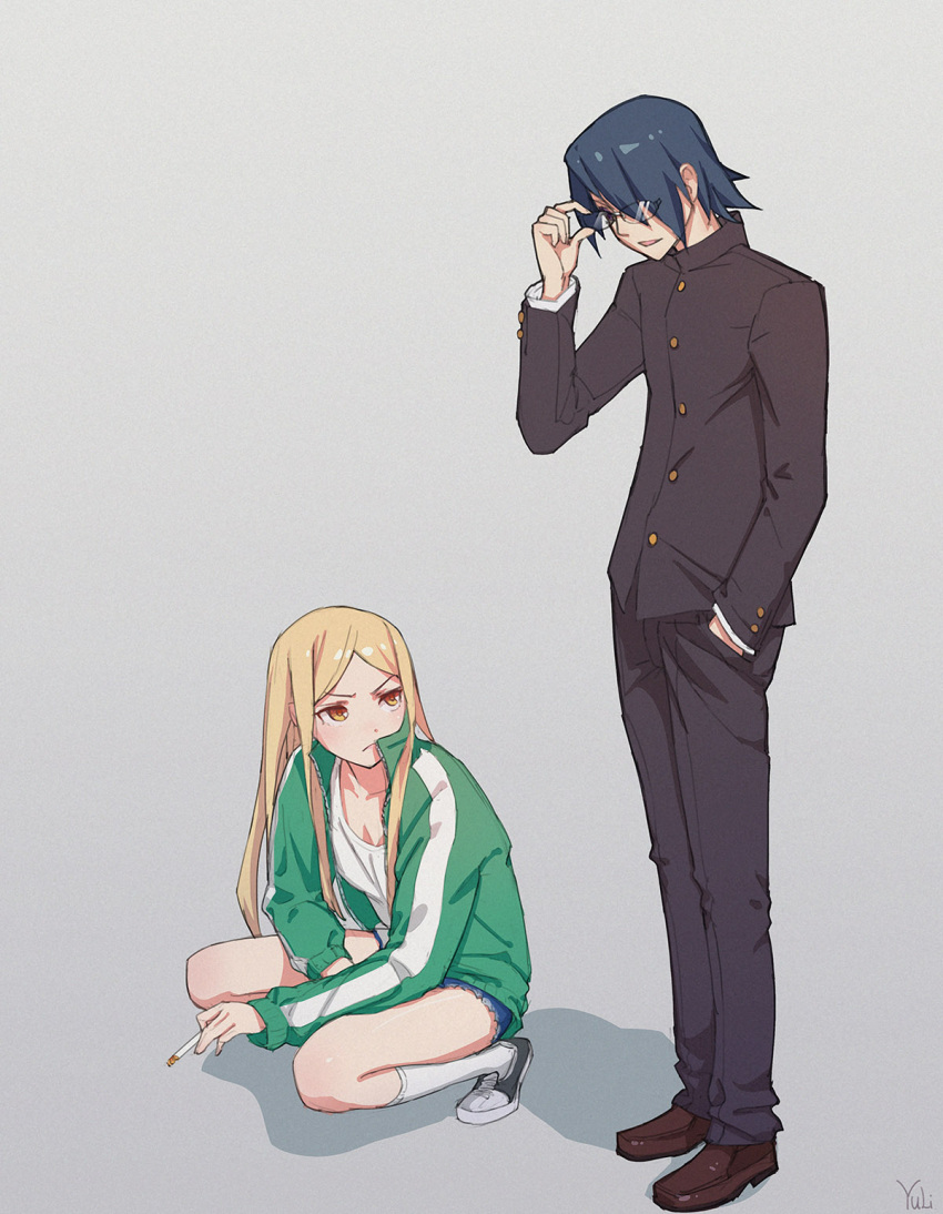 1boy, 1girl, adjusting_eyewear, akagi_masafumi, artist_name, black_jacket, black_pants, blonde_hair