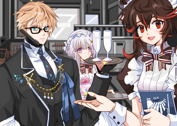 1boy, 2girls, apron, black_dress, black_gloves, black_hair, black_jacket, black_necktie, black_suit, blue_eyes, blue_necktie, bow, bowtie, butler, closed_mouth, collared_shirt, dress, gladiusms3, glasses, gloves, grey_eyes, grey_hair, hair_between_eyes, hair_ornament, headphones, jacket, lee:_hyperreal_(punishing:_gray_raven), lee_(punishing:_gray_raven), light_brown_hair, liv:_empyrea_(punishing:_gray_raven), liv_(punishing:_gray_raven), long_hair, long_sleeves, lucia_(punishing:_gray_raven), maid, multicolored_hair, multicolored_necktie, multiple_girls, necktie, open_mouth, parted_lips, punishing:_gray_raven, red_eyes, redhead, shirt, short_sleeves, sidelocks, streaked_hair, striped_necktie, suit, white_apron, white_headwear, white_shirt, x_hair_ornament