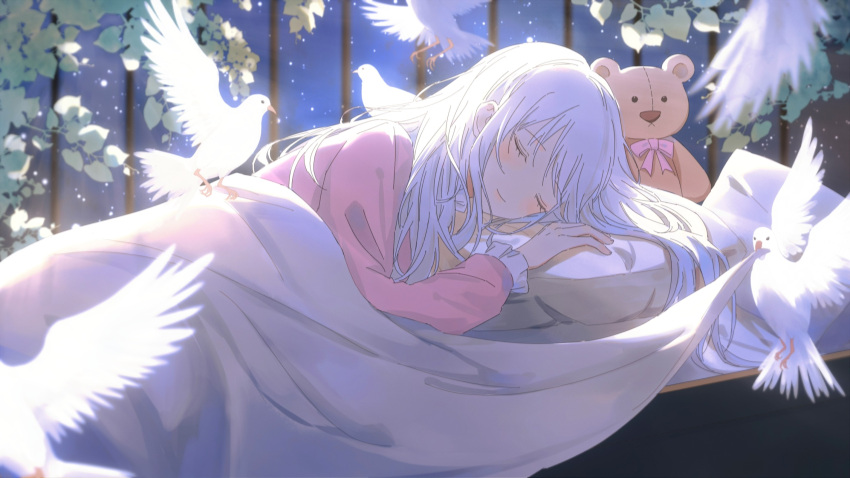 1girl, bed, blanket, closed_eyes, grey_hair, highres, liv_(punishing:_gray_raven), long_hair