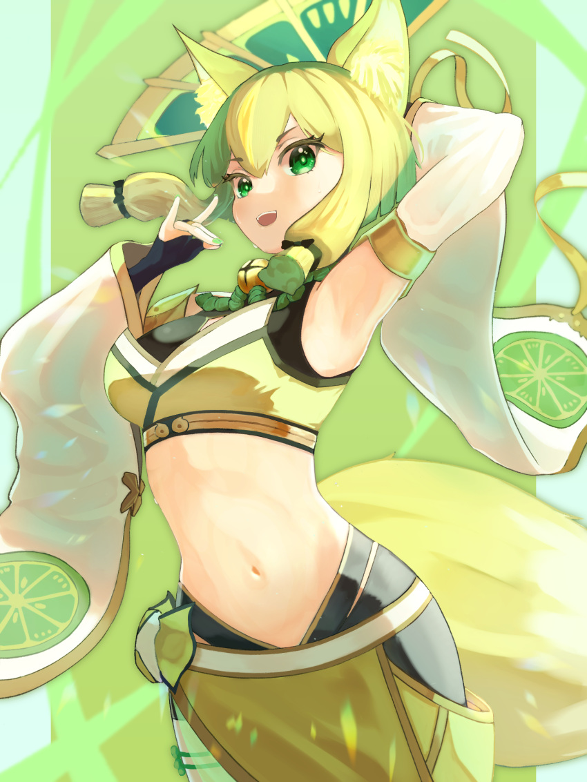 1girl, absurdres, animal_ears, blonde_hair, breasts, bridal_gauntlets, crop_top, detached_sleeves
