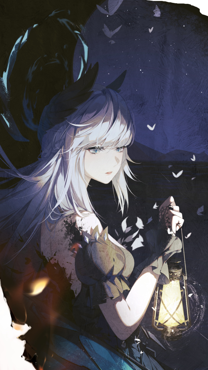 1girl, bare_back, bare_shoulders, black_dress, breasts, bridal_gauntlets, bug, burning