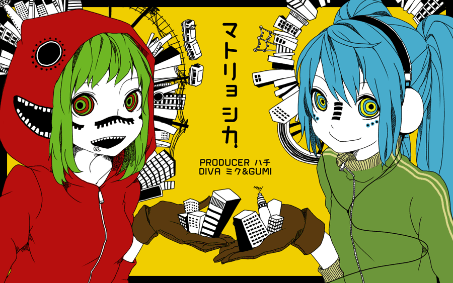 aqua_eyes, aqua_hair, crazy_eyes, gloves, green_eyes, green_hair, gumi, hatsune_miku