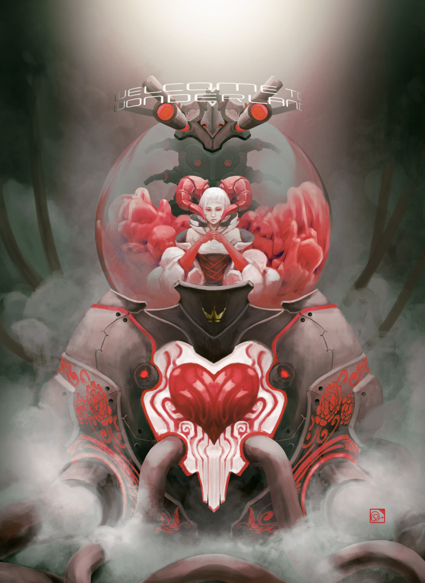 1girl, alice_in_wonderland, artist_logo, bare_shoulders, cannon, character_design_challenge, circling_text, closed_mouth