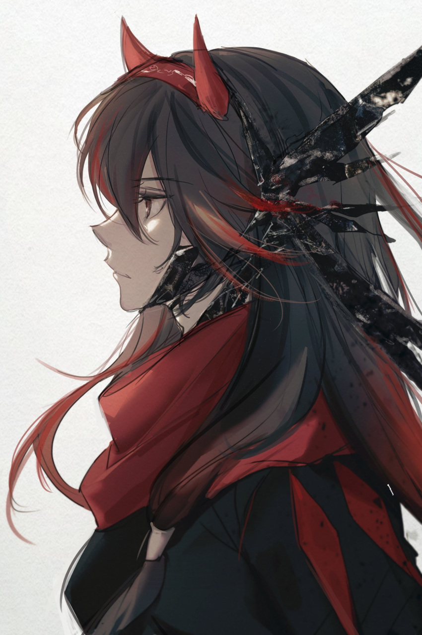 absurdres, black_hair, black_jacket, fake_horns, gradient_hair, grey_background, highres, horns