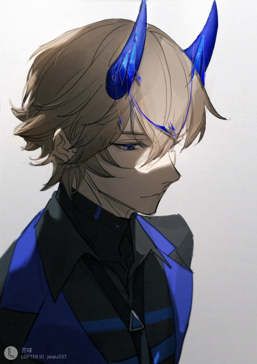 1boy, black_jacket, black_shirt, blue_eyes, blue_horns, highres, horns, htt1821