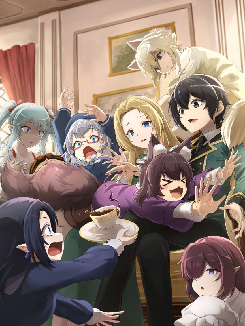 >_<, 1boy, 6+girls, :3, :d, absurdres, alpha_(kage_no_jitsuryokusha_ni_naritakute!), alternate_costume