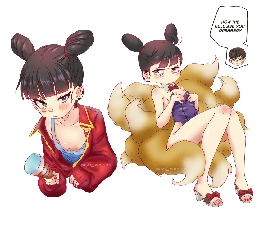 absurdres, akwaro_bemien, akwaro_phenomenon_re, black_hair, demon_girl, english_text, fox_girl, fox_tail, heterochromia, highres, kat_yuusha, playboy_bunny, scar, scar_on_face, shoes, simple_background, syberman, tail, white_background