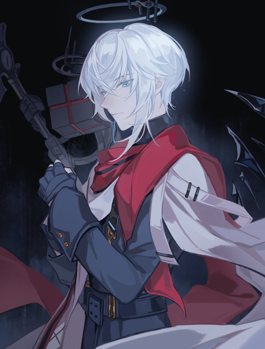 1boy, absurdres, arknights, bishounen, black_gloves, cowboy_shot, ebf7l, executor_(arknights), fingerless_gloves, gloves, halo, highres, male-focus, male_focus, mechanical_halo, red_scarf, scarf, solo, white_hair