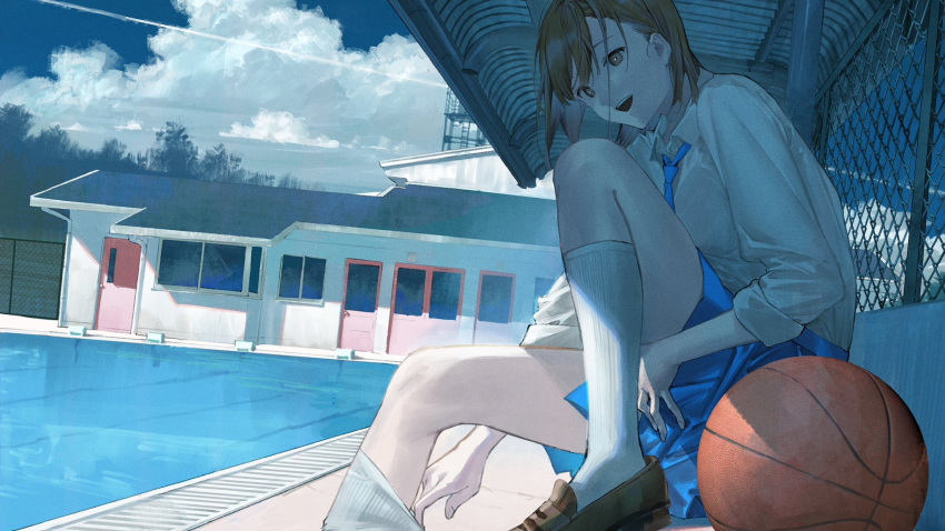 1girl, ao_no_hako_(wsj), basketball, blue_necktie, blue_skirt, blue_theme, brown_eyes, brown_footwear