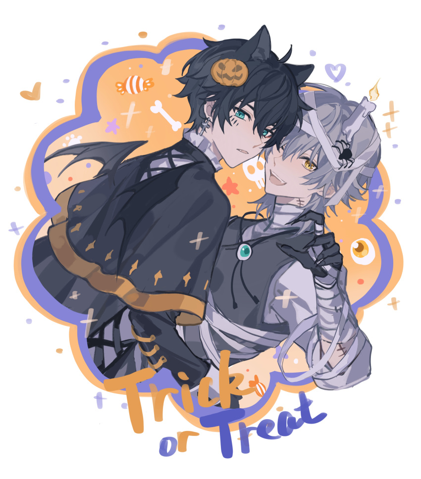 2boys, absurdres, animal_ears, bandaged_arm, bandages, bishounen, black_hair, caelus_(honkai:_star_rail)