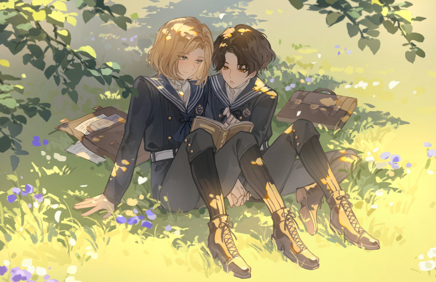 2boys, absurdres, bag, blonde_hair, blue_hair, book, brown_eyes, brown_hair, ebf7l, full_body, grass, highres, lies_of_p, male_focus, multiple_boys, open_mouth, outdoors, pinocchio_(lies_of_p), sailor_collar, sailor_shirt, school_bag, shirt, short_hair, sitting, smile
