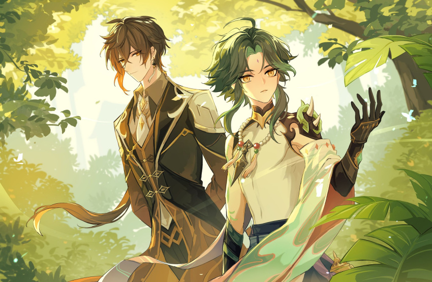 2boys, ahoge, bishounen, black_gloves, brown_hair, chinese_clothes, cowboy_shot, ebf7l