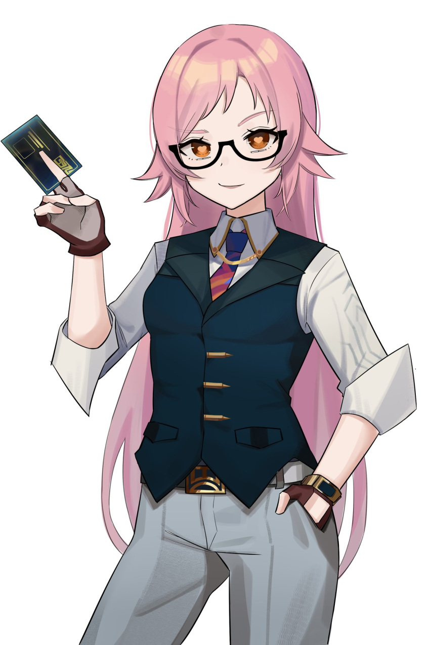 1girl, black-framed_eyewear, blue_vest, brown_eyes, brown_gloves, card, chamber_(valorant), chamber_(valorant)_(cosplay)