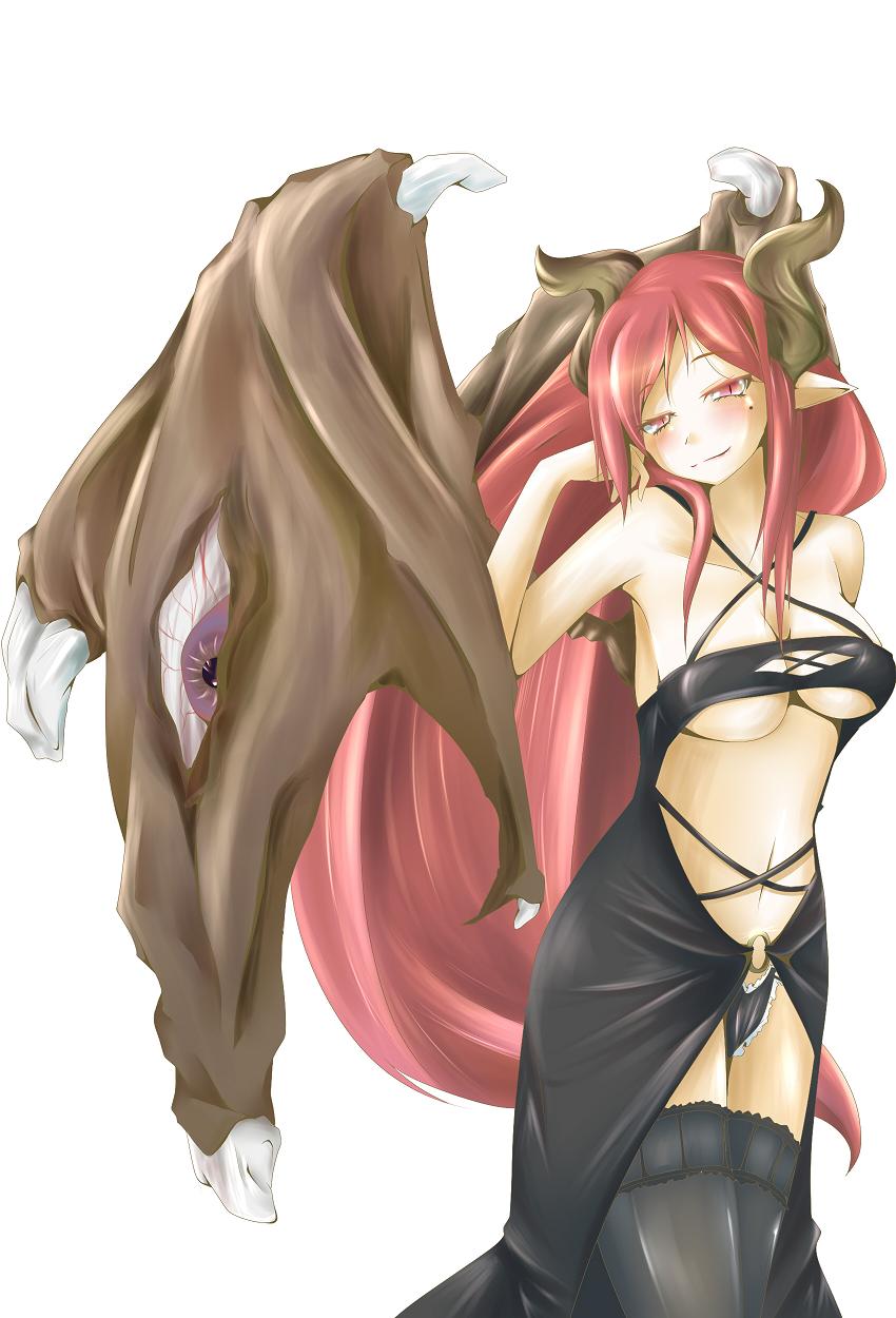 black_thighhighs, bloodshot_eyes, breasts, collarbone, demon_girl, female, highres, horns, long_hair, midriff, mole, navel, original, pink_eyes, pink_hair, pointy_ears, slit_pupils, solo, succubus, thigh-highs, thighhighs, to-hou_eiyasyou, under_boob, underboob, wings