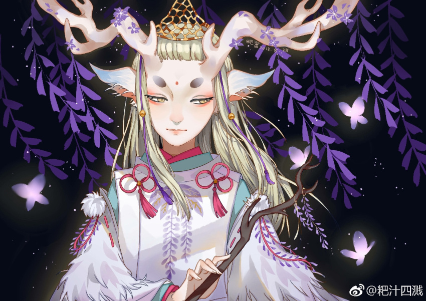 1boy, animal_ears, antlers, bajiang, black_background, blonde_hair, bug, butterfly