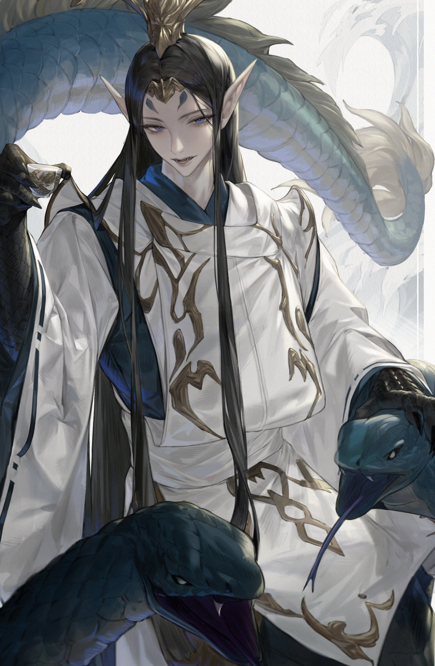 1boy, absurdres, androgynous, animal, animal_hands, bishounen, black_hair, blue_eyes