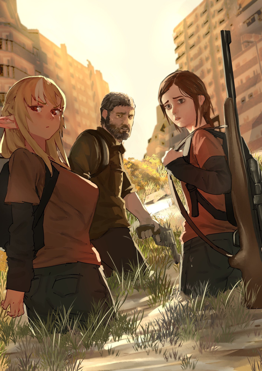 1boy, backpack, bag, beard, blonde_hair, breasts, brown_hair, crossover