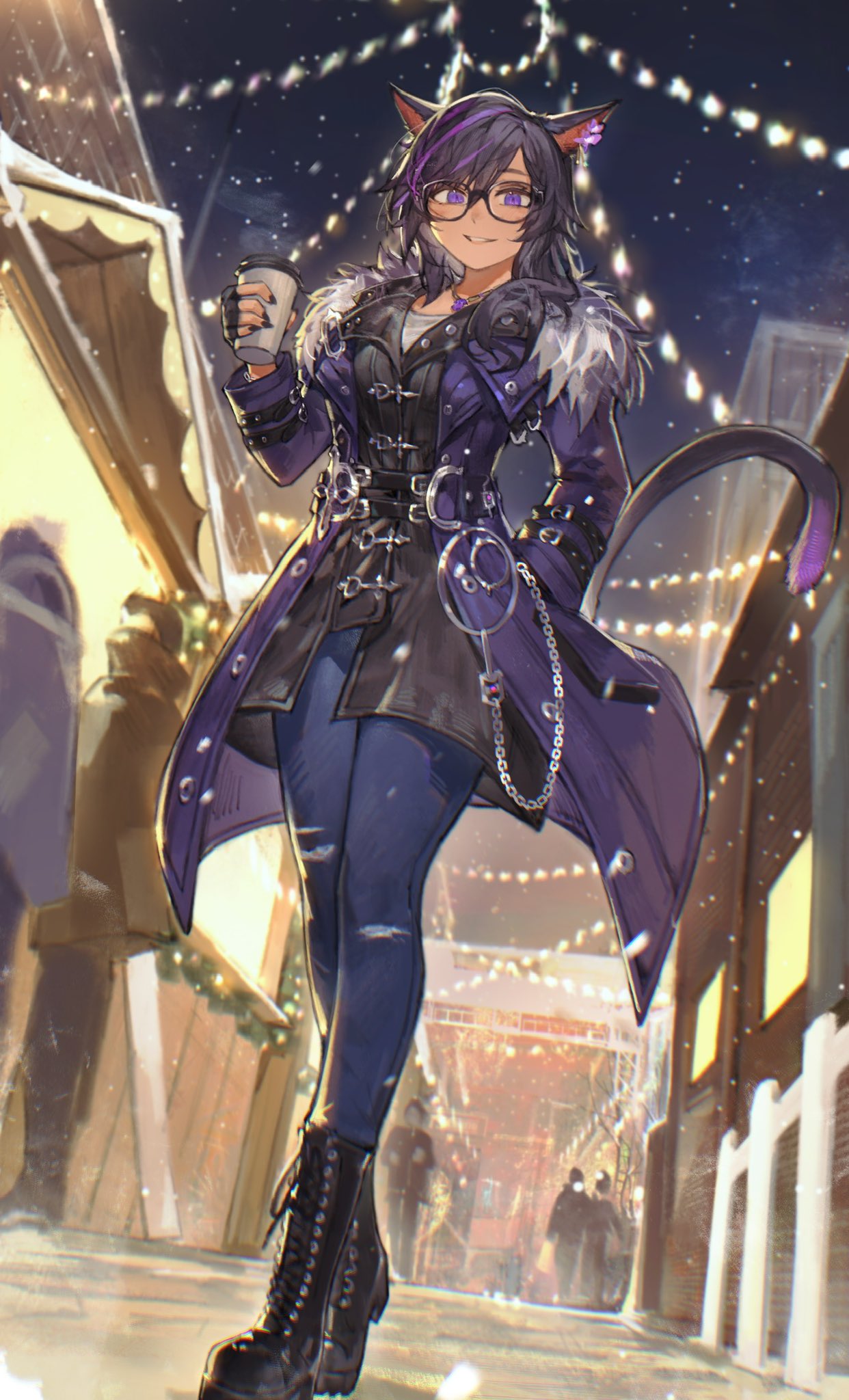 1girl, 5others, animal_ears, black_footwear, black_gloves, black_hair, black_nails, blue_pants