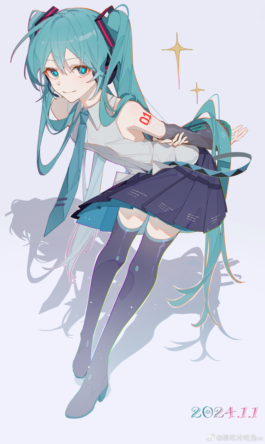 1girl, 2024, absurdres, aqua_eyes, aqua_hair, aqua_necktie, aqua_skirt, arms_behind_back, bare_shoulders, black_footwear, black_skirt, boots, chinese_commentary, collared_shirt, commentary, dated, elbow_sleeve, full_body, grey_background, hair_ornament, hatsune_miku, headphones, highres, kylin_47, layered_skirt, leaning_forward, long_hair, looking_at_viewer, necktie, number_tattoo, pleated_skirt, shadow, shirt, shoulder_blush, shoulder_tattoo, skirt, sleeveless, sleeveless_shirt, solo, star_(symbol), tattoo, thigh_boots, twintails, very_long_hair, vocaloid, weibo_logo, weibo_username, white_shirt