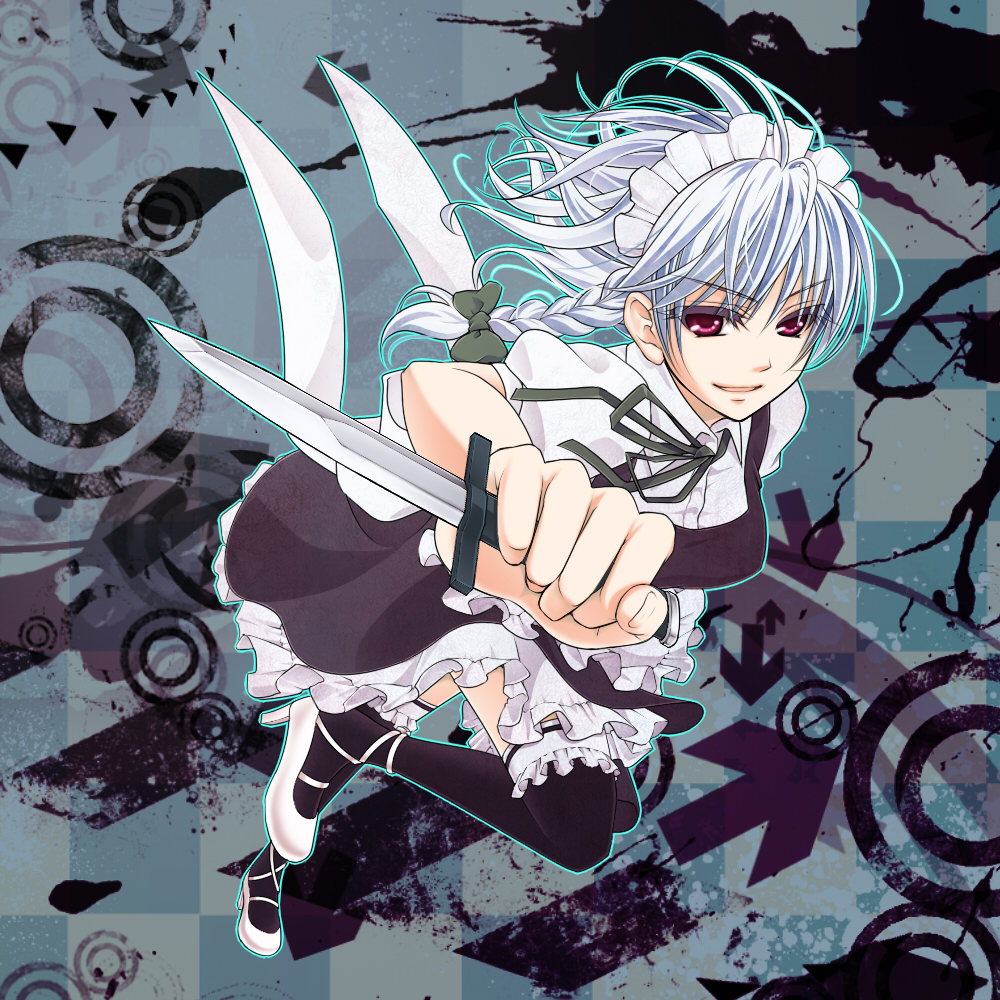 black_legwear, black_thighhighs, bow, braid, dutch_angle, hair_bow, headdress, high_heels, izayoi_sakuya, knife, nia, nia_(littlestars), red_eyes, shoes, solo, thigh-highs, thighhighs, touhou, white_hair