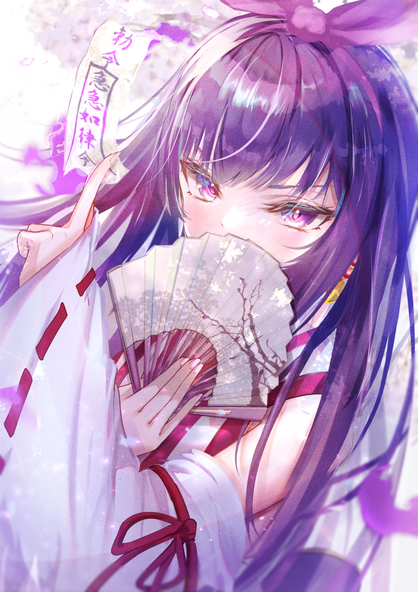 1girl, ayanokouji_kanna, covered_mouth, detached_sleeves, fingernails, folding_fan, hairband, hand_fan