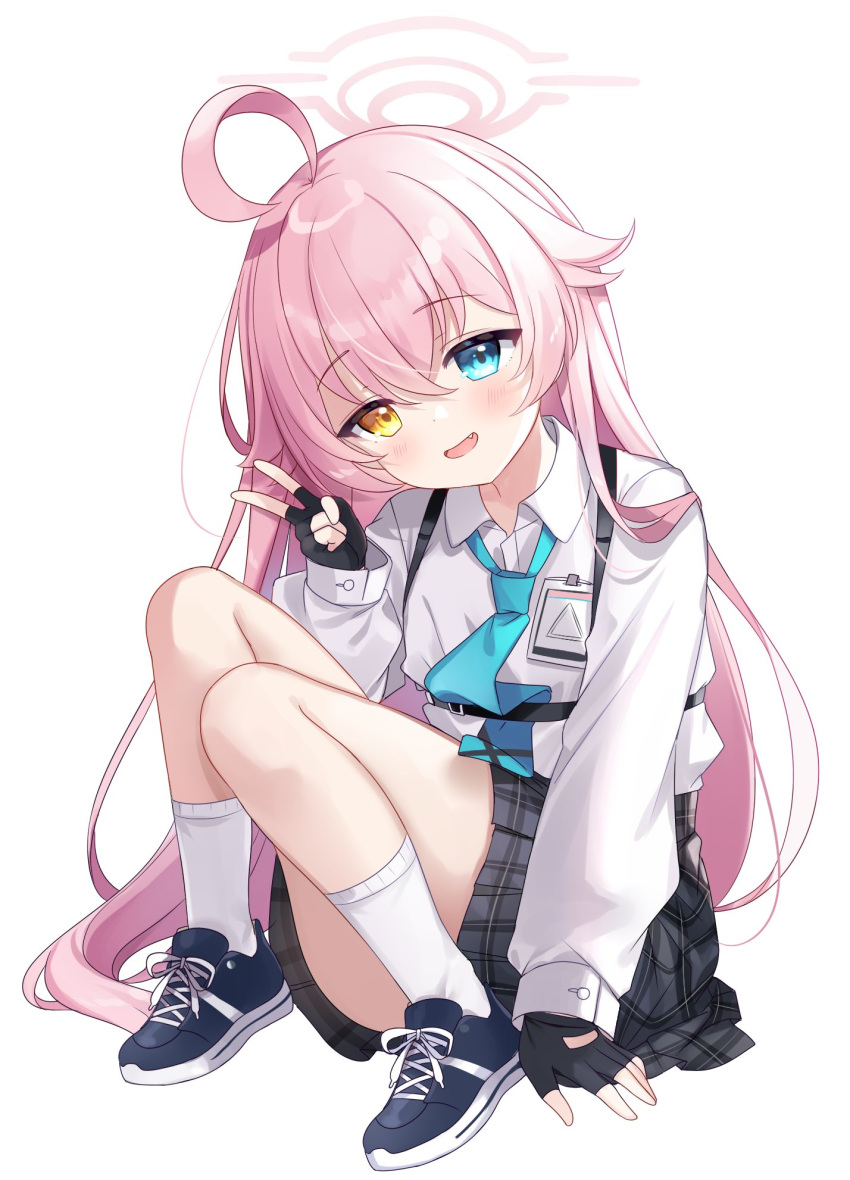 1girl, ahoge, aqua_necktie, arm_support, black_footwear, black_gloves, black_skirt, blue_archive