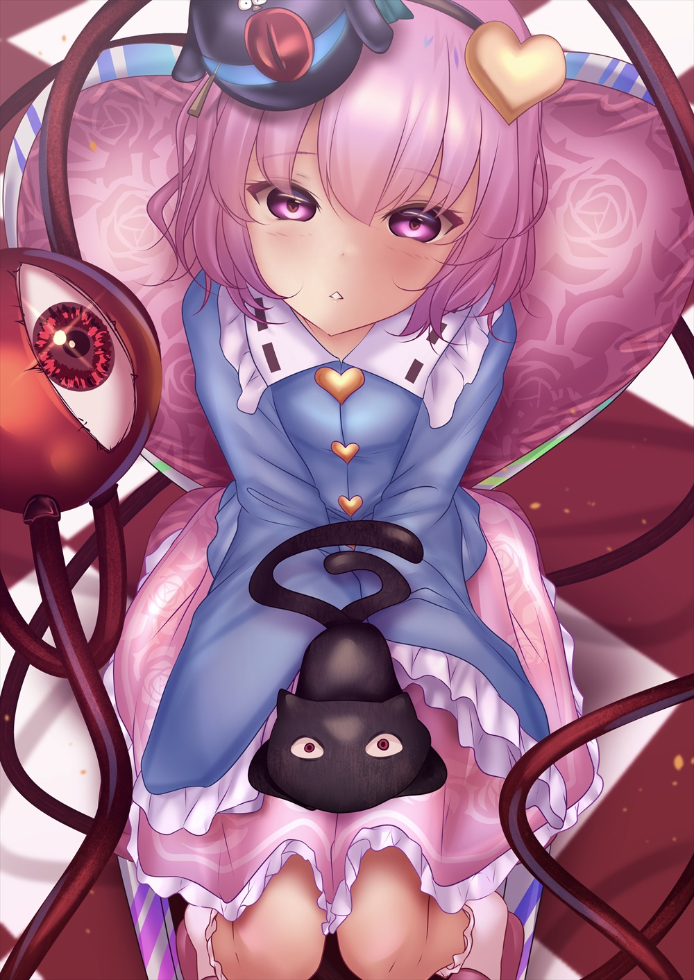 1girl, bird, black_hairband, blue_shirt, blush, cat, commentary_request, frilled_shirt