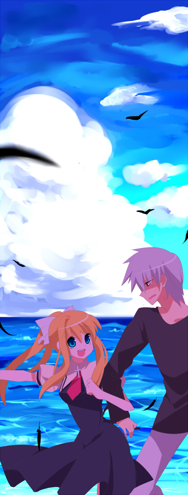 bird, blonde_hair, blue_eyes, dragging, kamio_misuzu, kunisaki_yukito, long_hair, murasaki_tsuki