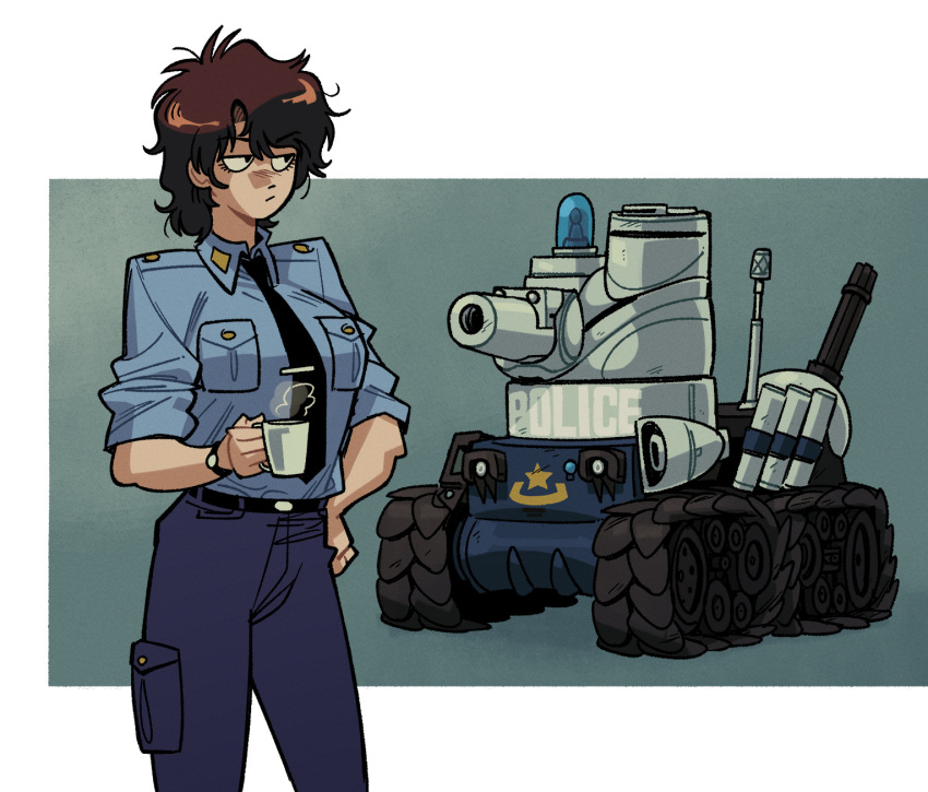 armor, belt, belt_buckle, black_belt, black_necktie, blue_armor, blue_pants, blue_shirt, bonaparte_(tank), breast_pocket, brown_hair, buckle, cannon, caterpillar_tracks, coffee_mug, cup, cyberpunk, dominion_(manga), gun, gutalalaman, hand_on_own_hip, highres, holding, holding_cup, leona_ozaki, lights, long_hair, machine_gun, machinery, messy_hair, military_vehicle, motor_vehicle, mug, mullet, necktie, outside_border, pants, pocket, police, police_uniform, policewoman, radio_antenna, science_fiction, shirt, sleeves_rolled_up, star_(symbol), star_print, steam, tank, tie_clip, uniform, watch, watch, weapon, white_armor