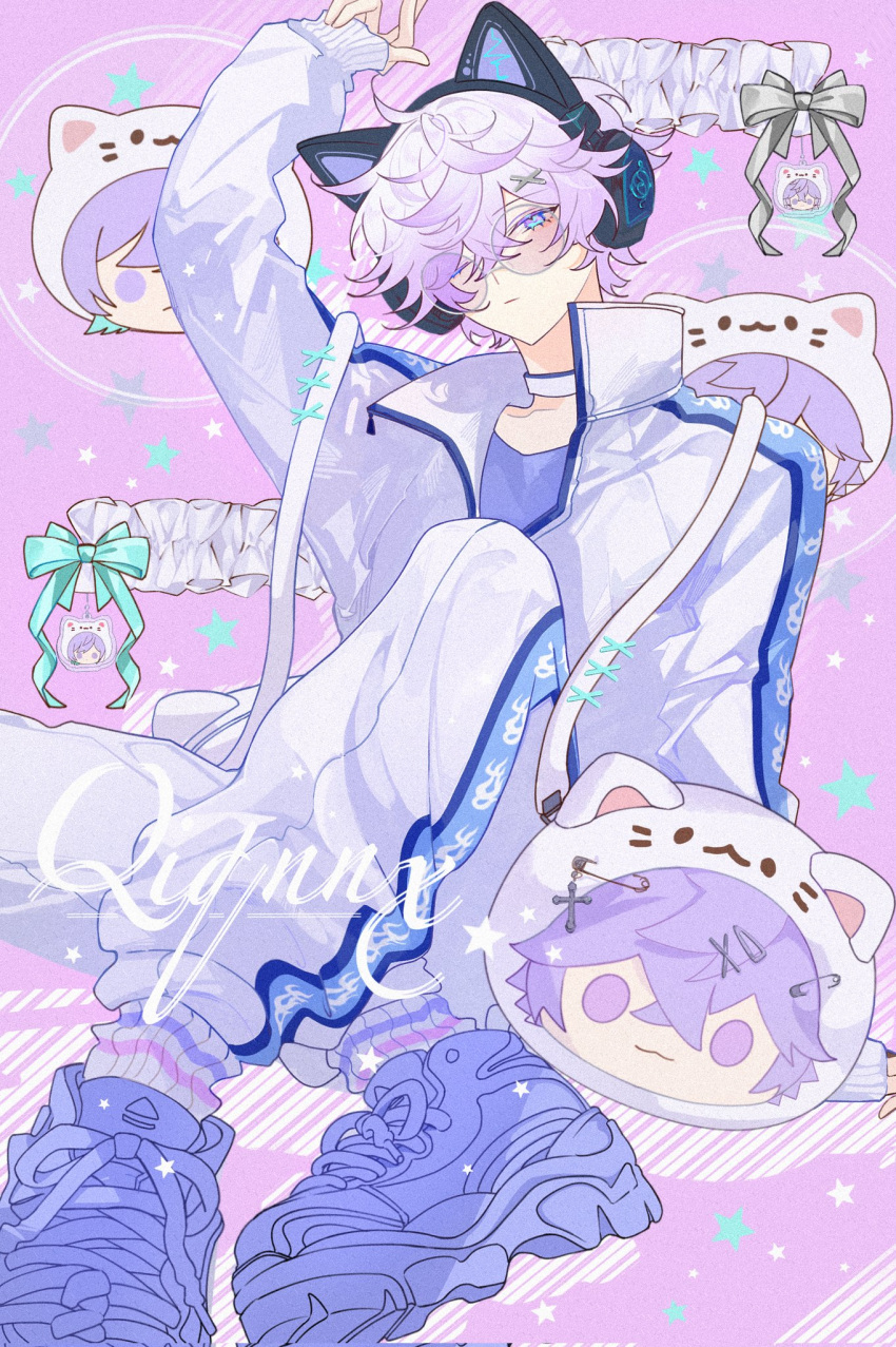 1boy, androgynous, animal_ear_headphones, animal_ears, cat_ear_headphones, character_doll, cozmez_(paradox_live), fake_animal_ears, headphones, highres, jacket, looking_at_viewer, male_focus, multicolored_hair, one_eye_closed, pants, paradox_live, purple_footwear, purple_hair, purple_jacket, purple_pants, purple_shirt, purple_theme, round_eyewear, shirt, shoes, short_hair, sneakers, solo, violet_eyes, wu_u, yatonokami_kanata, yatonokami_nayuta