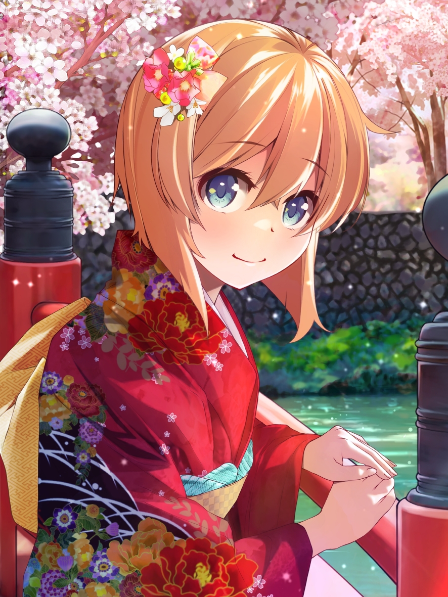 against_railing, back_bow, blue_eyes, bow, bridge, checkered_sash, cherry_blossoms, cherry_tree