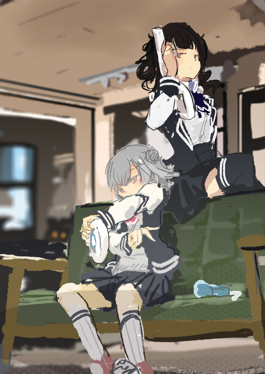 2girls, absurdres, alternate_hair_color, behind_another, black_hair, black_jacket, black_skirt, black_thighhighs