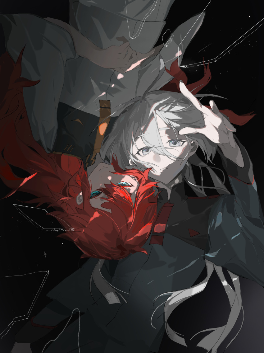 2girls, absurdres, asticassia_school_uniform, black_background, blunt_ends, broken_glass, chinese_commentary, commentary