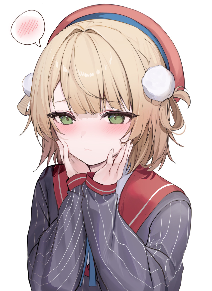 1girl, absurdres, beret, black_shirt, blonde_hair, blush, closed_mouth, commentary_request, embarrassed, green_eyes, hair_ornament, hair_rings, hands_on_own_cheeks, hands_on_own_face, hat, highres, indie_virtual_youtuber, iruka3, long_sleeves, looking_down, pinstripe_pattern, pinstripe_shirt, pom_pom_(clothes), pom_pom_hair_ornament, red_headwear, red_sailor_collar, sailor_collar, shigure_ui_(1st_costume)_(vtuber), shigure_ui_(vtuber), shirt, short_hair, simple_background, solo, spoken_blush, striped, virtual_youtuber, white_background