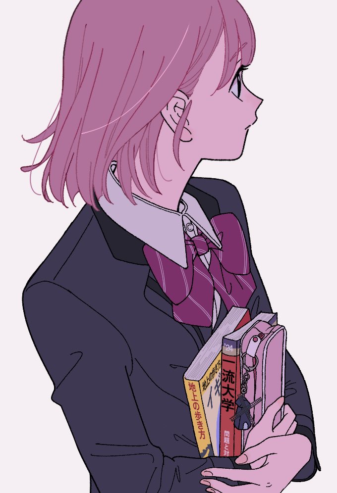 1girl, book, bow, bowtie, charm_(object), closed_mouth, collared_shirt, colored_skin