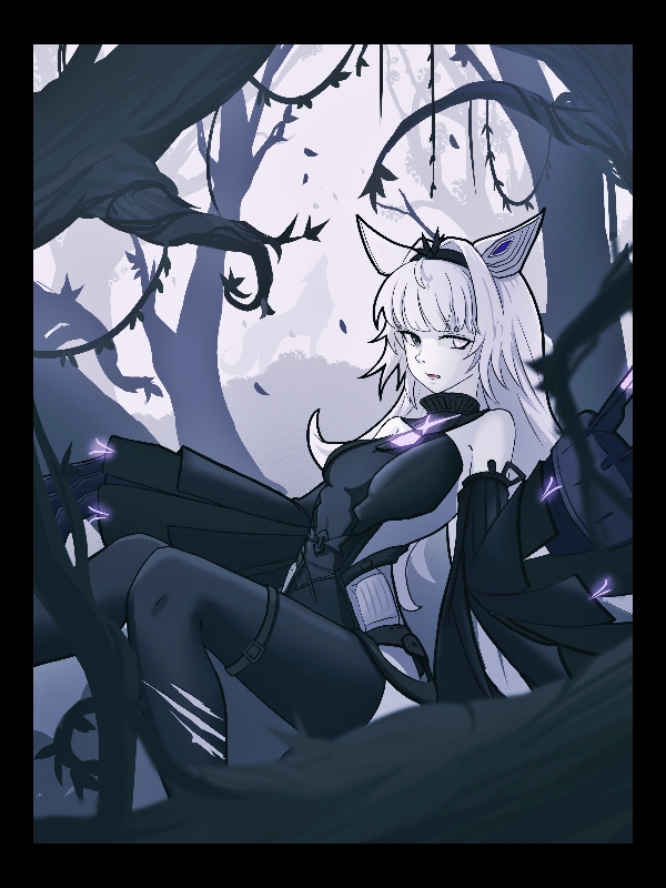 1girl, animal_ears, bare_shoulders, black_bodysuit, black_hairband, black_sleeves, black_thighhighs, bodysuit, claw_(weapon), claws, detached_sleeves, grey_eyes, grey_hair, hair_intakes, hairband, heterochromia, kin-dred, mechanical_ears, no.21:_feral_scent_(punishing:_gray_raven), no.21_(punishing:_gray_raven), pale_skin, punishing:_gray_raven, sleeves_past_fingers, sleeves_past_wrists, solo, thigh-highs, weapon, wolf_ears