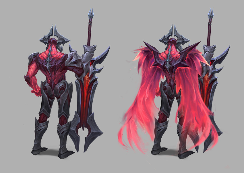 1boy, aatrox, absurdres, armored_boots, boots, colored_skin, davidsyk, from_behind, full_body, grey_background, helmet, highres, holding, holding_weapon, league_of_legends, male_focus, multiple_views, muscular, muscular_male, red_skin, red_wings, simple_background, standing, weapon, wings
