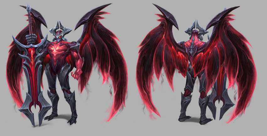 1boy, aatrox, armored_boots, boots, colored_skin, davidsyk, from_behind, full_body, grey_background, grey_skin, helmet, highres, holding, holding_weapon, league_of_legends, male_focus, multiple_views, muscular, muscular_male, red_eyes, red_skin, red_wings, simple_background, standing, weapon, wings