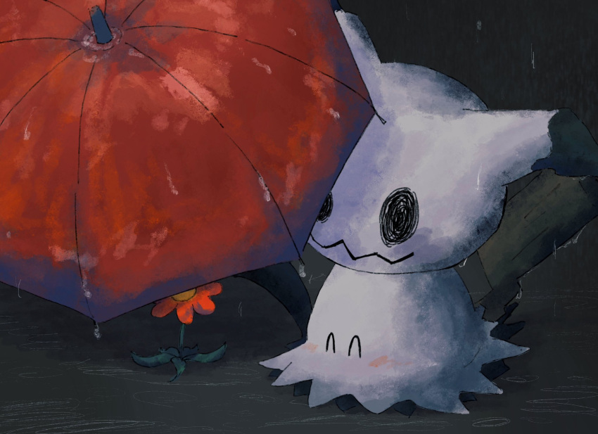 ^_^, alternate_color, animal_focus, closed_eyes, colored_skin, flower, gyura, highres, mimikyu, no_humans, pokemon, pokemon_(creature), rain, red_flower, shiny_pokemon, tail, umbrella, wavy_mouth, white_skin