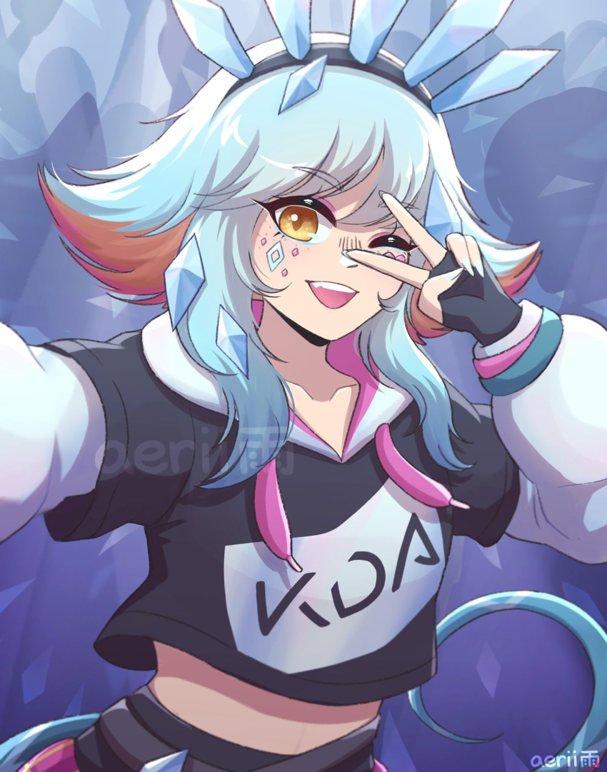 1girl, ;d, aeriiyu, black_gloves, black_hoodie, blue_hair, collarbone, fang