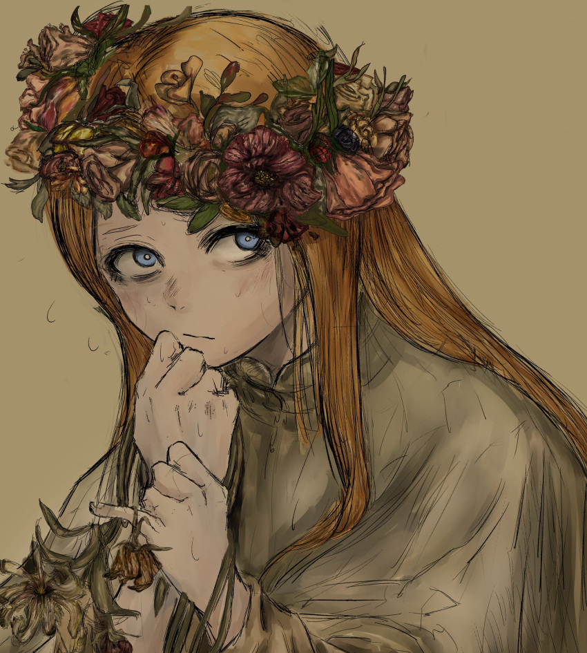 1girl, :/, black_souls, blue_eyes, brown_hair, brown_shirt, closed_mouth, dirty