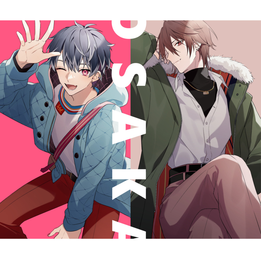 2boys, aiue_o_eiua, bag, belt, black_belt, black_shirt, blue_jacket, brown_background
