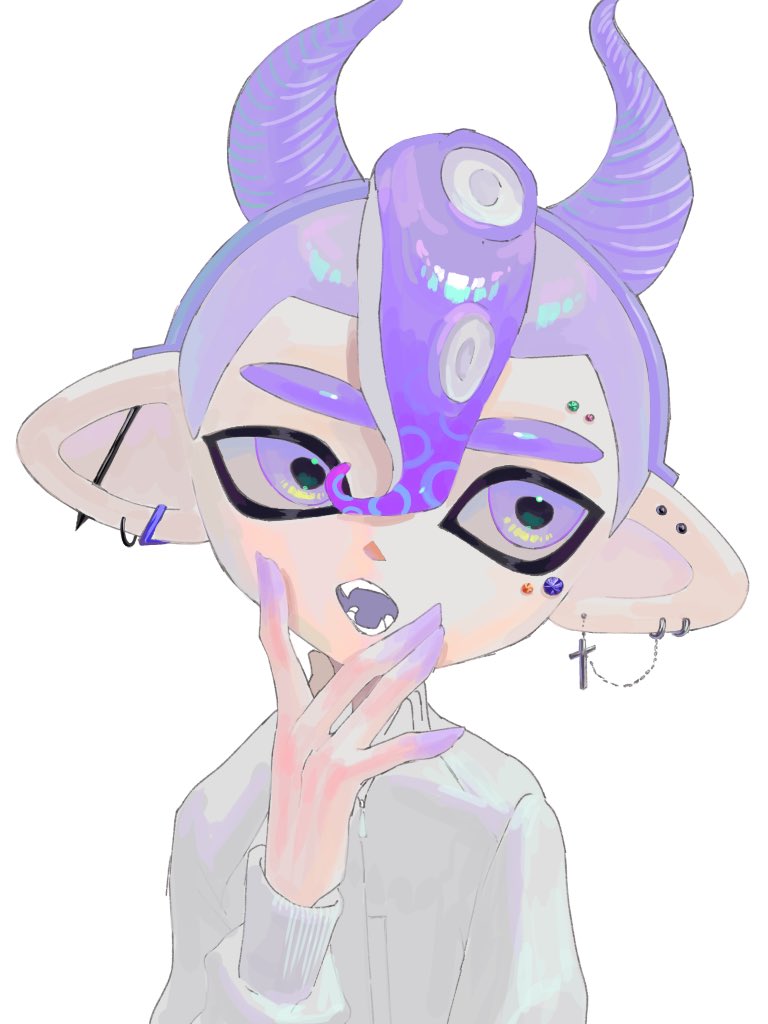 1boy, commentary_request, cross, cross_earrings, demon_horns, ear_piercing, earrings, fake_horns