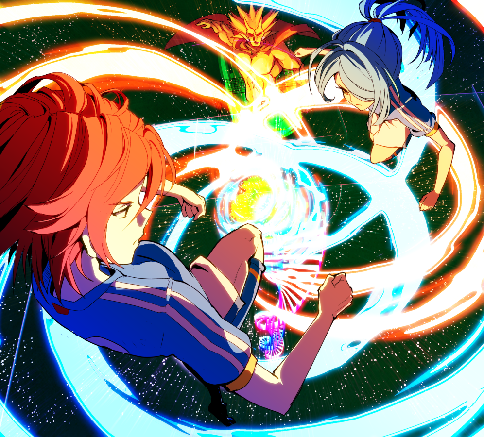 bunkyo_takemi, cape, demon, dna_strand, goal, inazuma_eleven, jumping, kazemaru_ichirouta, kiyama_hiroto, long_hair, ponytail, red_hair, redhead, short_hair, soccer