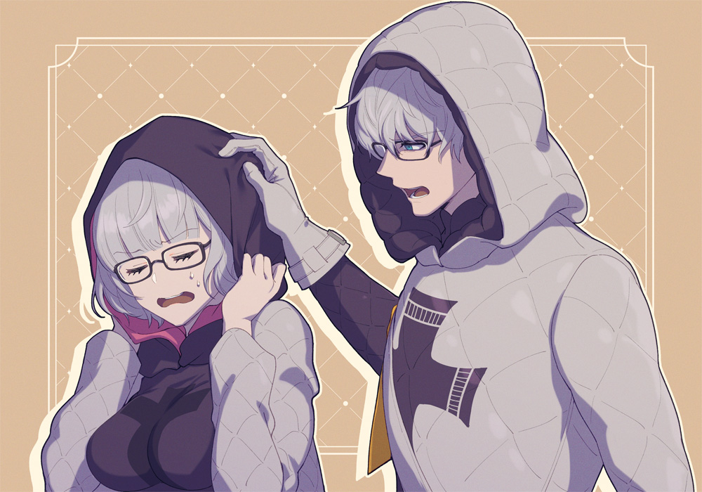 1boy, 1girl, black-framed_eyewear, blue_eyes, chestnut_mouth, closed_eyes, commentary, drop_shadow