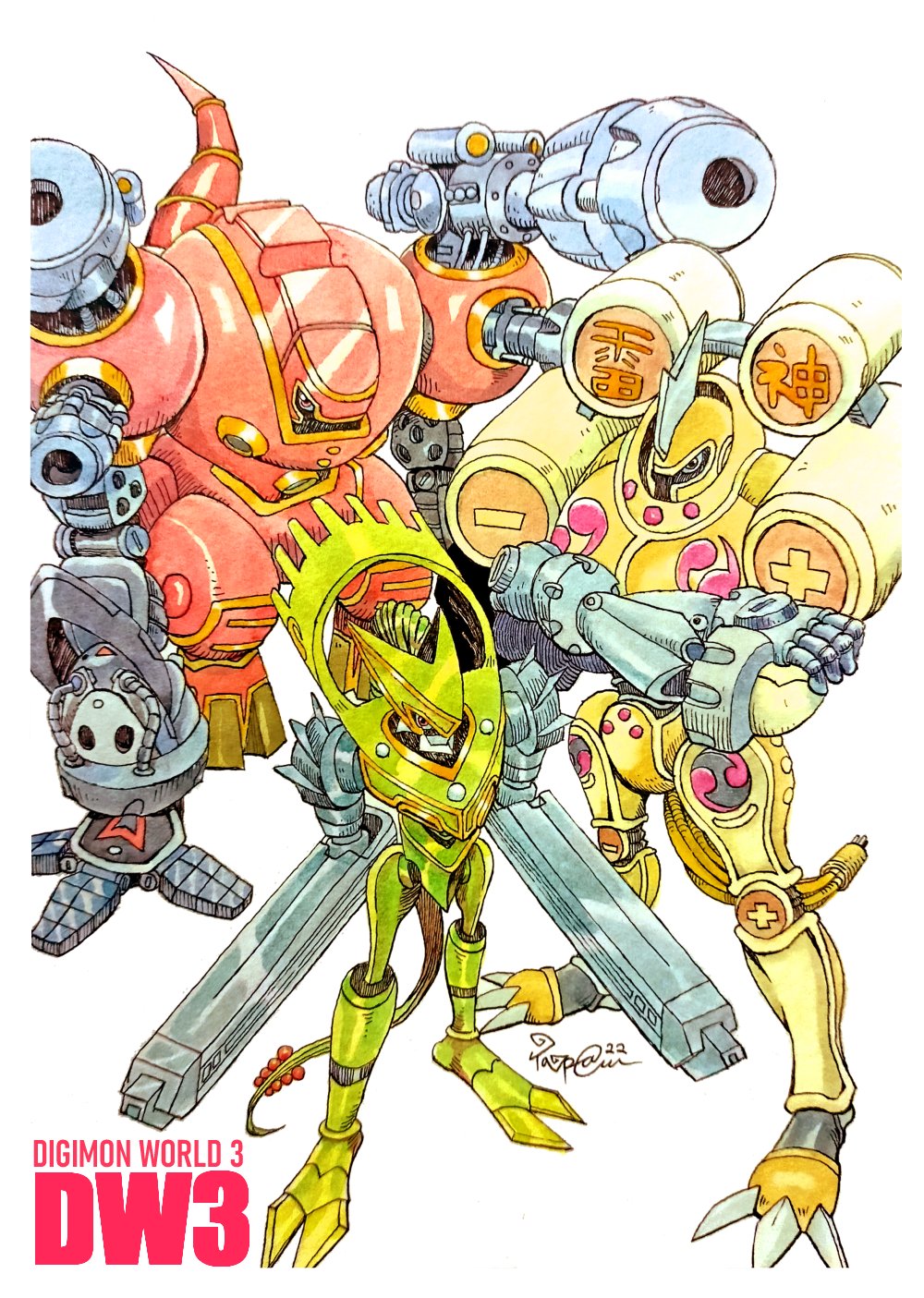 armor, cannon, crossed_arms, digimon, digimon_world, fujinmon, gauntlets, highres, looking_at_viewer, mecha, no_humans, raijinmon, robot, suijinmon, taragraphika
