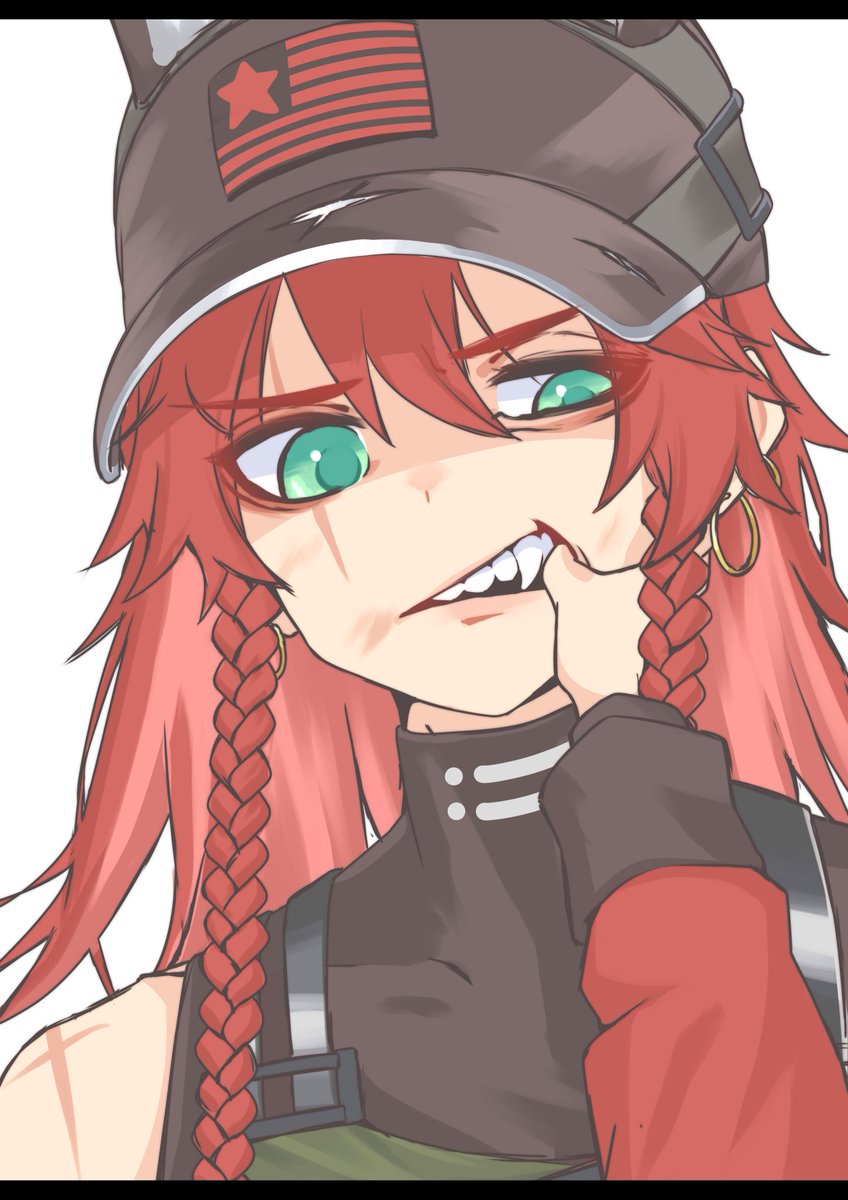 1girl, baseball_cap, beowulf_(girls'_frontline), braid, commander_(girls'_frontline), earrings, fang, finger_in_another's_mouth