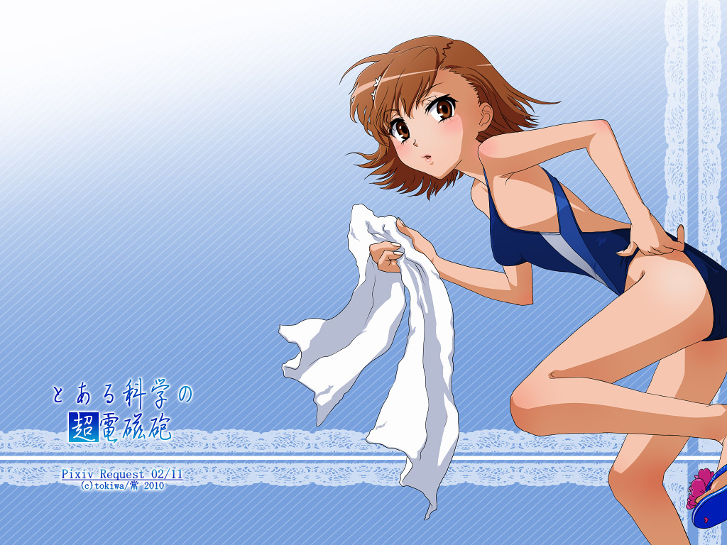bad_id, brown_eyes, brown_hair, competition_swimsuit, misaka_mikoto, one-piece_swimsuit, sandals, short_hair, swimsuit, to_aru_kagaku_no_railgun, to_aru_majutsu_no_index, tokiwa_(breeze_of_film), towel, wallpaper