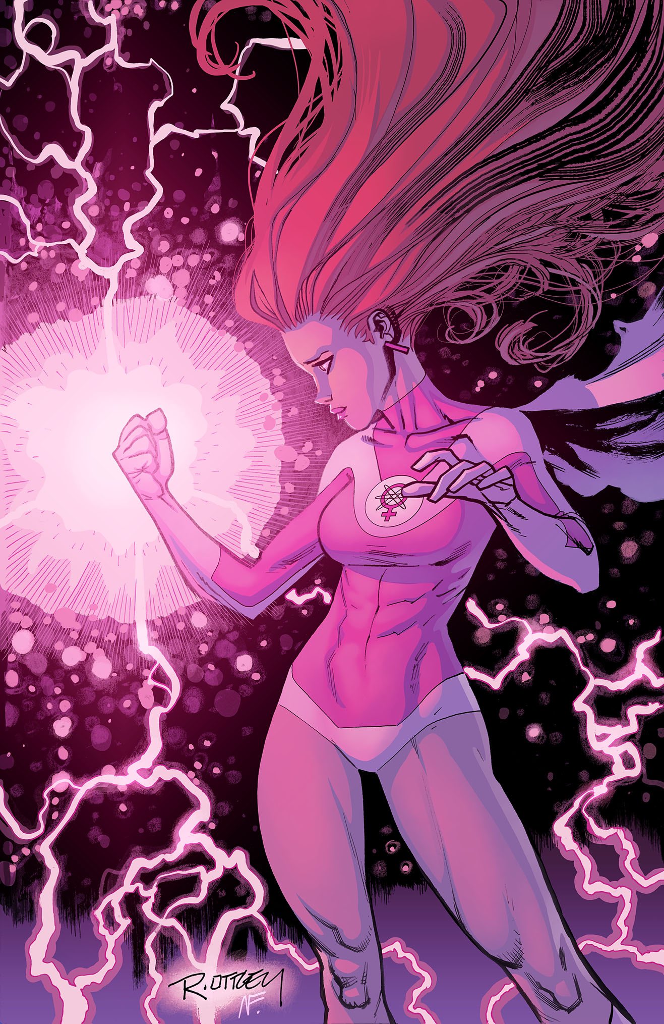 1girl, atom_eve, breasts, cape, clenched_hand, commentary, contrapposto, covered_abs